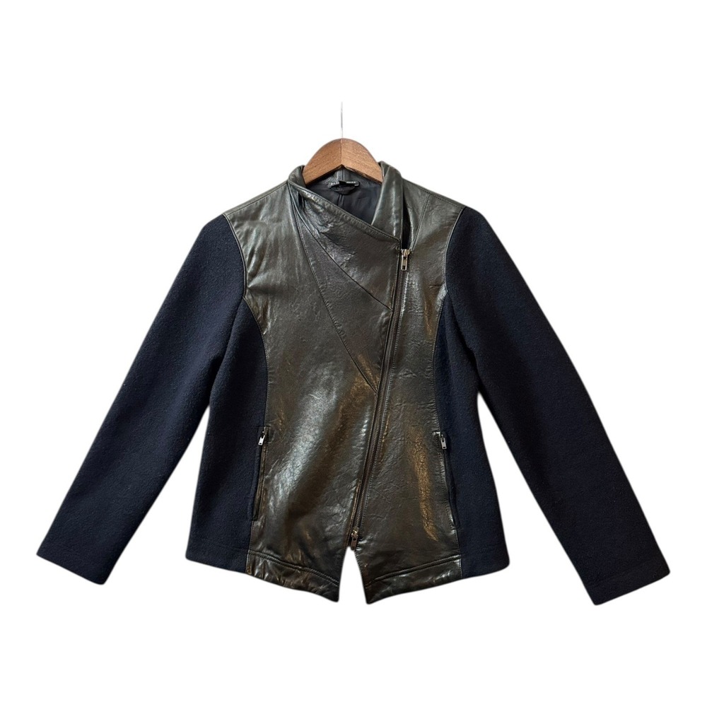 Eileen Fisher Wool Leather Moto Jacket S Black Asymmetrical Modern Zip Up - Picture 2 of 11